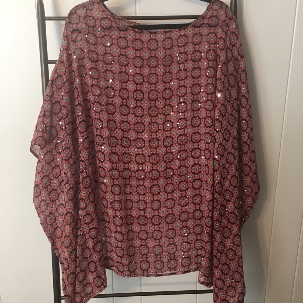 Red, black and white top with silver sequins
